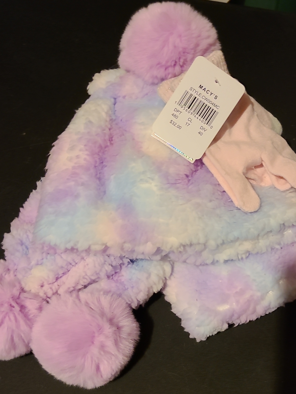 Macy's Kids Pastel Faux Fur Pom-Pom Hat - Lavender Pink Blue Cream